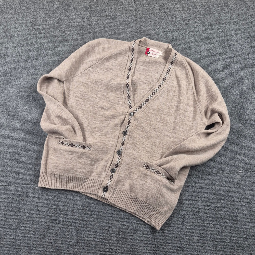 Vintage Pat Boone by Revere Cardigan Sweater Tan Argyle Trim Orlon Men Medium